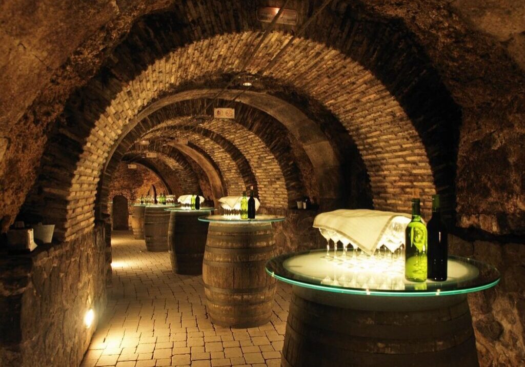 A wine cellar with many barrels and bottles of wine.